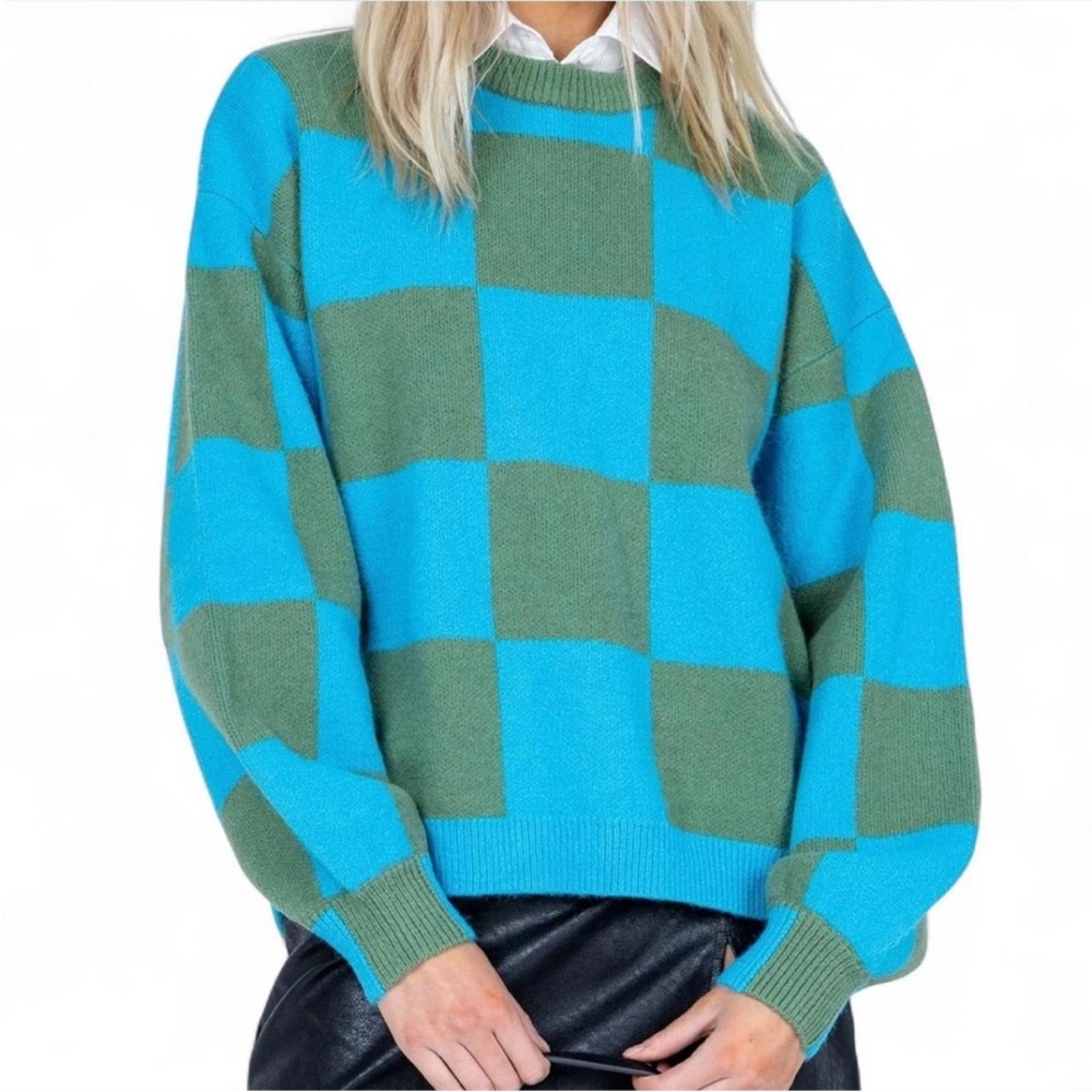 PRINCESS POLLY Alexia Blue and Green
Checkered Women's Sweater {US 4}